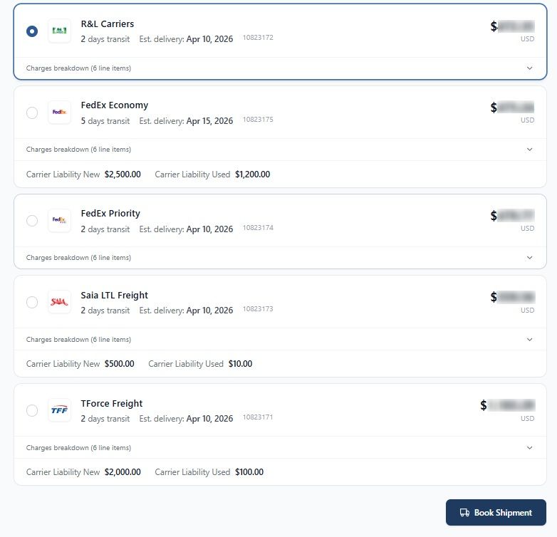 biziShip.ai — Carrier quotes comparison list